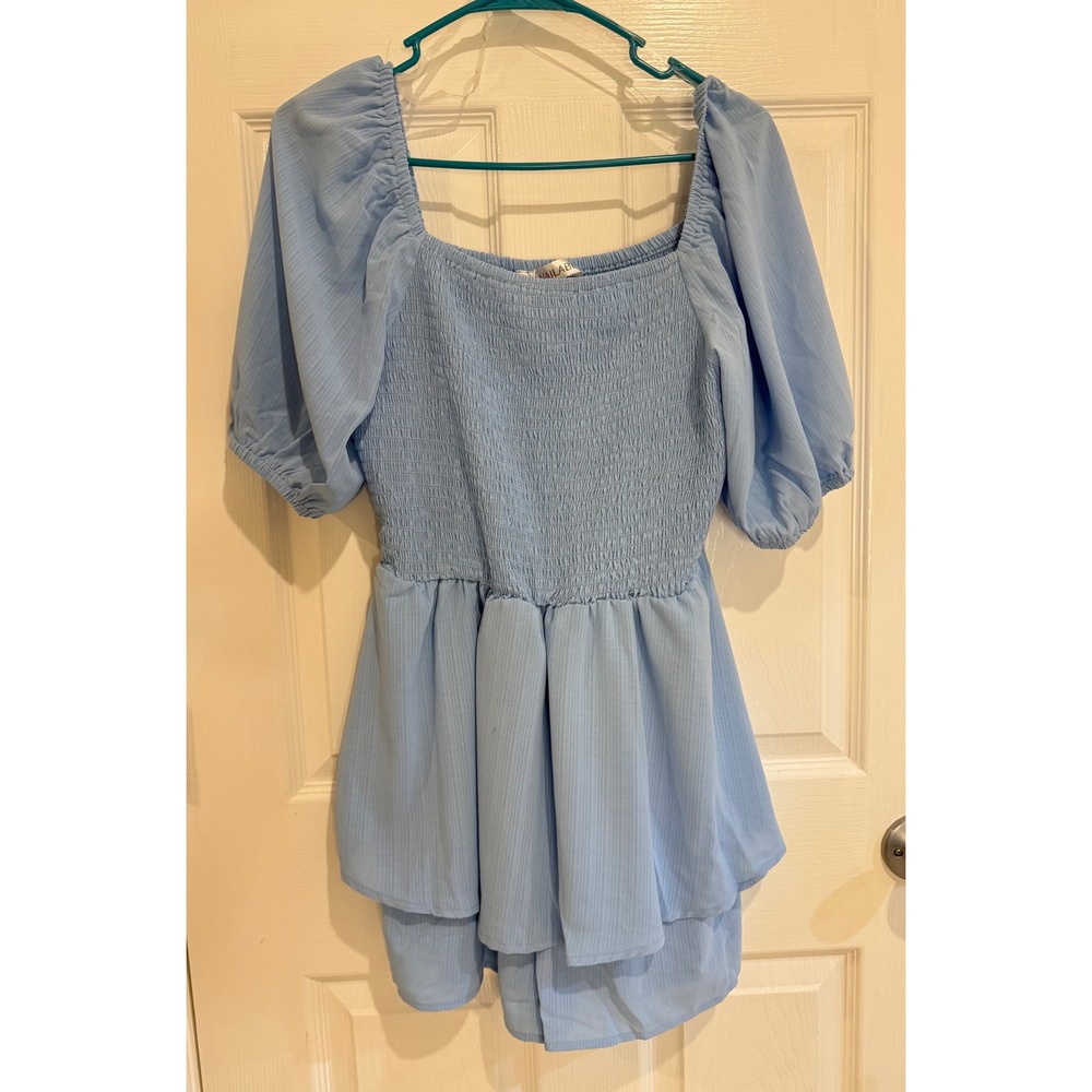 Available Smocked Mini‎ Dress Puff Sleeve Tiered Ruffle Hem Blue Size L
